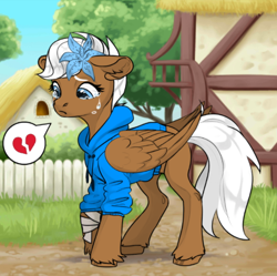 Size: 572x569 | Tagged: safe, artist:johnlockfangirl, imported from derpibooru, oc, oc only, oc:elysium song, pegasus, pony, clothes, crying, female, flower, flower in hair, heartbreak, hoodie, mare, pony avatar (generator), solo