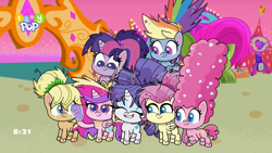 Size: 1024x576 | Tagged: safe, imported from derpibooru, screencap, applejack, fluttershy, pinkie pie, princess cadance, rainbow dash, rarity, twilight sparkle, alicorn, earth pony, pegasus, pony, unicorn, my little pony: pony life, what goes updo, spoiler:pony life s02e17, alternate hairstyle, crown, eyes closed, flying, g4.5, gritted teeth, jewelry, mane six, marge simpson, messy mane, pony life, regalia, teeth, the simpsons, tiny pop