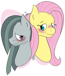 Size: 1280x1487 | Tagged: safe, artist:ikilou, imported from derpibooru, fluttershy, marble pie, earth pony, pegasus, pony, blushing, bust, female, heart, lesbian, looking at each other, marbleshy, mare, shipping, shy, simple background, transparent background