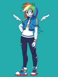 Size: 1620x2160 | Tagged: safe, artist:haibaratomoe, imported from derpibooru, rainbow dash, equestria girls, equestria girls series, bandaid, blushing, clothes, cloud, converse, cyan background, floating wings, patch, shoes, simple background, solo, wings