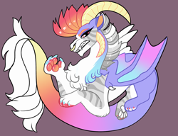 Size: 3000x2300 | Tagged: safe, artist:loryska, imported from derpibooru, oc, oc only, draconequus, hybrid, draconequus oc, high res, interspecies offspring, magical gay spawn, multicolored hair, offspring, parent:big macintosh, parent:discord, parents:discomac, paw pads, paws, rainbow hair, simple background, solo, underpaw