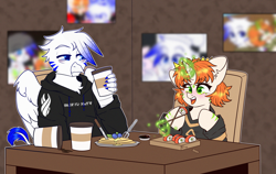 Size: 3000x1900 | Tagged: safe, artist:etoz, imported from derpibooru, oc, oc only, oc:etoz, oc:light speed, griffon, unicorn, bags under eyes, chopsticks, clothes, coffee, commission, crown, dead space, eating, eyebrows, female, food, fork, griffon oc, happy, hoodie, horn, jewelry, knife, magic, magic aura, male, mare, marker (dead space), open mouth, pancakes, regalia, sitting, smiling, sushi, table, tired, unicorn oc, wings