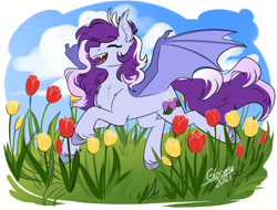 Size: 1250x950 | Tagged: safe, artist:cosmalumi, artist:its-gloomy, imported from derpibooru, oc, oc only, oc:lavender petal, bat pony, pony, female, mare, solo, tulip