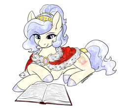 Size: 1134x1000 | Tagged: safe, artist:cosmalumi, artist:its-gloomy, imported from derpibooru, oc, oc only, oc:opalescent pearl, crystal pony, pony, book, female, lying down, mare, prone, simple background, solo, transparent background