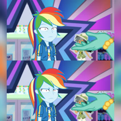 Size: 1920x1920 | Tagged: safe, edit, editor:itsmgh1203, imported from derpibooru, screencap, chestnut magnifico, daring do, rainbow dash, zephyr breeze, equestria girls, equestria girls series, holidays unwrapped, spoiler:eqg series (season 2), :i, clothes, cutie mark, cutie mark on clothes, da fuq, dashing through the mall, faic, female, geode of super speed, hand, hoodie, jewelry, magical geodes, male, meme, necklace, not amused face, rainbow dash is best facemaker, rainbow dash is not amused, reaction image, shrunken pupils, special eyes, thousand yard stare, unamused, wide eyes