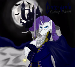 Size: 3000x2700 | Tagged: safe, artist:ponyjhooves, imported from derpibooru, rarity, bat, semi-anthro, unicorn, alucard (castlevania), castle, castlevania, clothes, crossover, high res, jewelry, moon, pendant, serious, serious face, solo, sword, weapon