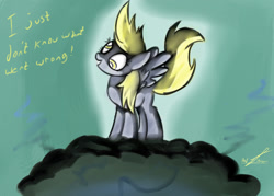 Size: 2016x1440 | Tagged: safe, artist:ponyjhooves, imported from derpibooru, derpy hooves, pegasus, pony, season 2, the last roundup, cloud, female, i just don't know what went wrong, mare, on a cloud, scene interpretation, smoke, solo, solo female, standing on a cloud, stormcloud