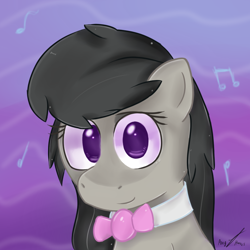 Size: 800x800 | Tagged: safe, artist:ponyjhooves, imported from derpibooru, octavia melody, earth pony, pony, abstract background, bowtie, bust, looking at you, music notes, no pupils, solo