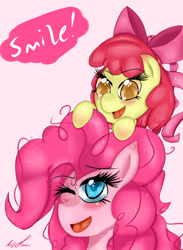 Size: 1584x2160 | Tagged: safe, artist:ponyjhooves, imported from derpibooru, apple bloom, pinkie pie, earth pony, pony, a friend in deed, apple bloom riding pinkie pie, bust, colored pupils, duo, messy mane, on head, one eye closed, pink background, ponies riding ponies, pony hat, riding, simple background, smile song, wink