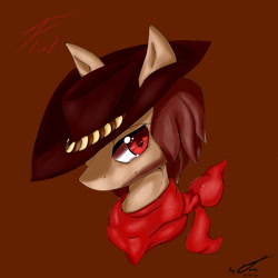 Size: 1440x1440 | Tagged: safe, artist:ponyjhooves, imported from derpibooru, pony, brown background, bust, clothes, crossover, flint, hat, mother 3, ponified, scarf, simple background, solo