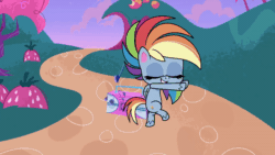 Size: 800x450 | Tagged: safe, imported from derpibooru, screencap, rainbow dash, pegasus, pony, my little pony: pony life, portal combat, spoiler:pony life s02e16, animated, bipedal, breakdancing, credits, dancing, eyes closed, female, g4.5, gif, music notes, outdoors, playground, pony life, rainbow trail, slide, smiling, solo, spin dash, spinning, stereo, talking, teeter-totter, text