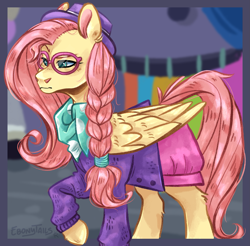 Size: 2065x2031 | Tagged: safe, artist:ebonytails, imported from derpibooru, fluttershy, pegasus, pony, fake it 'til you make it, alternate hairstyle, braid, clothes, ear fluff, female, glasses, hat, high res, hipstershy, leg fluff, mare, scarf, solo