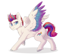 Size: 4465x3847 | Tagged: safe, artist:twinkesus, imported from derpibooru, zipp storm, pegasus, pony, cheek fluff, chest fluff, colored wings, ear fluff, female, g5, high res, hoof fluff, looking at you, mare, multicolored hair, multicolored tail, multicolored wings, raised hoof, simple background, smiling, solo, spread wings, transparent background, unshorn fetlocks, wings