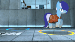 Size: 800x450 | Tagged: safe, artist:bastbrushie, imported from derpibooru, oc, oc only, oc:brushie brusha, earth pony, pony, animated, aperture science, computer, crossover, earth pony oc, female, flying, gif, mane blue, mare, now you're thinking with portals, portal, portal (valve), room, solo, travelling