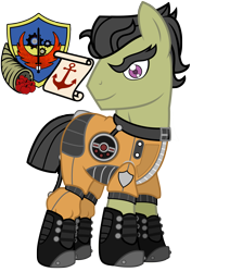 Size: 4245x5000 | Tagged: safe, artist:devorierdeos, imported from derpibooru, oc, oc only, earth pony, pony, fallout equestria, clothes, emblem, fallout, fallout 4, knight, solo, steel ranger, uniform