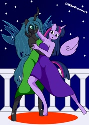 Size: 1420x2000 | Tagged: safe, artist:mr.ferret, imported from derpibooru, queen chrysalis, twilight sparkle, alicorn, anthro, changeling, changeling queen, unguligrade anthro, clothes, cute, dancing, duo, duo female, female, lesbian, night, shipping, tango, twilight sparkle (alicorn), twisalis