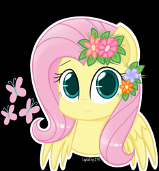 Size: 1358x1458 | Tagged: safe, artist:laylaelvy278, imported from derpibooru, fluttershy, pegasus, pony, flower, flower in hair, looking at you, smiling, solo, spread wings, wings