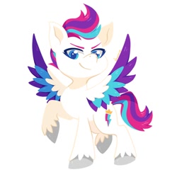 Size: 900x900 | Tagged: safe, artist:sharmie, imported from derpibooru, zipp storm, pegasus, pony, female, g5, looking at you, mare, raised hoof, simple background, smiling, solo, spread wings, unshorn fetlocks, white background, wings