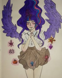 Size: 1053x1328 | Tagged: safe, artist:josim_hae, imported from derpibooru, twilight sparkle, human, element of generosity, element of honesty, element of kindness, element of laughter, element of loyalty, element of magic, elements of harmony, eyes closed, humanized, solo