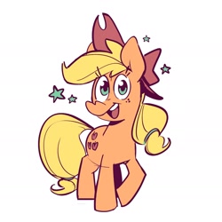Size: 1654x1654 | Tagged: safe, artist:kylesmeallie, imported from derpibooru, applejack, earth pony, pony, female, looking at you, mare, open mouth, simple background, smiling, solo, stars, white background