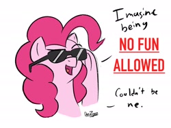 Size: 2732x2048 | Tagged: safe, artist:datzigga, imported from derpibooru, pinkie pie, earth pony, pony, dialogue, high res, no fun allowed, solo, sunglasses, text