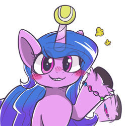 Size: 1500x1500 | Tagged: safe, artist:utoimohu, imported from derpibooru, izzy moonbow, pony, unicorn, ball, blushing, bracelet, cute, female, g5, horn, horn guard, horn impalement, hornball, izzy's tennis ball, izzybetes, jewelry, looking at you, mare, simple background, smiling, solo, tennis ball, unshorn fetlocks, waving, white background