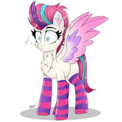 Size: 2500x2500 | Tagged: safe, artist:splashofsweet, imported from derpibooru, zipp storm, pegasus, pony, chest fluff, clothes, ear fluff, eyelashes, female, g5, high res, mare, signature, simple background, socks, solo, striped socks, white background, wut face
