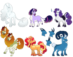 Size: 2200x1700 | Tagged: safe, artist:theartfox2468, imported from derpibooru, autumn blaze, grogar, rarity, sunset shimmer, twilight sparkle, oc, oc:silver belle, classical unicorn, goat, kirin, pony, unicorn, alternate hairstyle, beard, chest fluff, cloven hooves, description is relevant, eyeshadow, facial hair, fangs, female, freckles, grin, headcanon, horns, leonine tail, lipstick, makeup, male, mare, markings, one eye closed, open mouth, peppered bacon, raised hoof, redesign, simple background, smiling, transparent background, unicorn twilight, unshorn fetlocks, wink