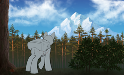 Size: 3120x1888 | Tagged: safe, artist:klooda, imported from derpibooru, pony, adventure, advertisement, auction, backpack, bush, camping, cloud, commission, day, detailed, detailed background, forest, forest background, from behind, full body, generic pony, grass, journey, mountain, one hoof raised, pine tree, raised hoof, realistic, rear view, scenery, solo, standing, tree, wood, your character here