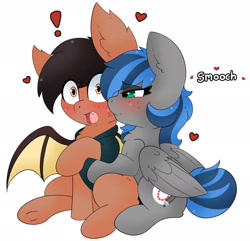 Size: 2666x2571 | Tagged: safe, artist:pegamutt, imported from derpibooru, imported from ponybooru, oc, oc only, oc:bibbo, oc:lonestar, bat pony, pegasus, pony, :o, bat pony oc, bat wings, blushing, cheek kiss, chest fluff, commission, duo, exclamation point, fangs, female, floating heart, freckles, heart, high res, kiss on the cheek, kissing, lidded eyes, male, mare, open mouth, simple background, sitting, smiling, smooch, stallion, underhoof, white background, wings