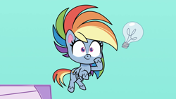 Size: 1920x1080 | Tagged: safe, imported from derpibooru, screencap, rainbow dash, pegasus, pony, my little pony: pony life, the best of the worst, spoiler:pony life s01e02, female, flying, g4.5, lightbulb, mare, pony life, smiling, solo