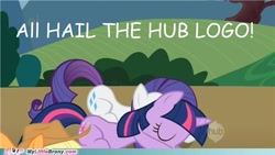 Size: 500x281 | Tagged: safe, edit, edited screencap, imported from derpibooru, screencap, applejack, rarity, twilight sparkle, earth pony, pony, unicorn, season 1, swarm of the century, bowing, hub logo, meme, my little brony, television logo joke, unicorn twilight