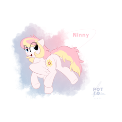 Size: 2300x2300 | Tagged: safe, artist:potato22, imported from derpibooru, oc, oc only, oc:ninny, pegasus, pony, butt, dock, eye clipping through hair, featureless crotch, female, full body, heterochromia, high res, looking back, mare, open mouth, open smile, partially open wings, pegasus oc, plot, simple background, smiling, solo, tail, tail aside, two toned mane, two toned tail, underhoof, white background, wings