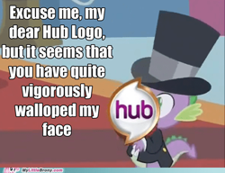 Size: 500x383 | Tagged: safe, imported from derpibooru, screencap, spike, dragon, a canterlot wedding, breaking the fourth wall, hat, hub logo, meme, my little brony, tailcoat, television logo joke, top hat