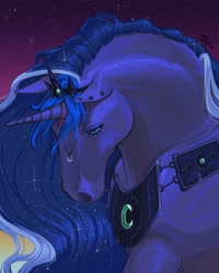 Size: 3277x4096 | Tagged: safe, artist:thornblade_, imported from derpibooru, princess luna, alicorn, pony, ear piercing, female, flowing mane, high res, hoers, horn, jewelry, mare, piercing, realistic, sad, solo, tiara