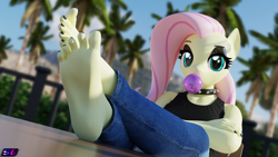 Size: 3840x2160 | Tagged: safe, artist:shadowboltsfm, imported from derpibooru, fluttershy, anthro, pegasus, plantigrade anthro, 3d, 4k, barefoot, black nail polish, blender, bubblegum, choker, clothes, crossed arms, crossed legs, eyelashes, eyeshadow, feet, feet on table, fetish, fluttergoth, food, foot fetish, foot focus, goth, gum, high res, jeans, looking at you, makeup, nail polish, not sfm, palm tree, pants, soles, toes, tree, wiggling toes, wingless, wingless anthro