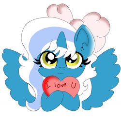 Size: 1280x1280 | Tagged: safe, artist:angiethekirin, imported from derpibooru, oc, oc:fleurbelle, alicorn, alicorn oc, bow, ear fluff, female, hair bow, heart, holding, horn, i love you, mare, wingding eyes, wings, yellow eyes