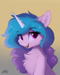 Size: 960x1200 | Tagged: safe, artist:lunar froxy, imported from derpibooru, izzy moonbow, pony, unicorn, cheek fluff, chest fluff, cute, ear fluff, eyelashes, female, g5, gradient background, izzybetes, looking at you, mare, open mouth, shoulder fluff, signature, solo