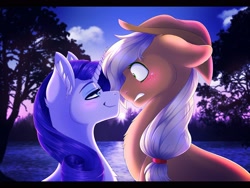 Size: 3402x2558 | Tagged: safe, artist:_ladybanshee_, imported from derpibooru, applejack, rarity, earth pony, pony, unicorn, bedroom eyes, blushing, chest fluff, commissioner:raritybro, dawn, female, floppy ears, freckles, high res, lesbian, looking at each other, male, outdoors, rarijack, romance, ship, shipping, smiling