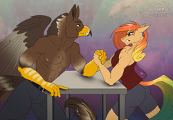 Size: 1200x834 | Tagged: safe, artist:sunny way, imported from derpibooru, oc, oc only, anthro, griffon, angry, arm wrestling, art, artwork, clothes, cute, digital art, duo, female, finished commission, furry, male, mare, muscles, my little pony, partial nudity, smiling, topless, wings
