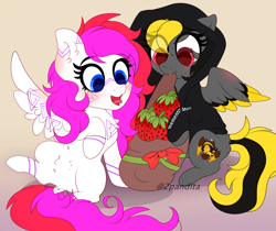 Size: 2712x2278 | Tagged: safe, artist:2pandita, imported from derpibooru, oc, oc only, oc:mizhore, pegasus, pony, bag, chibi, female, food, herbivore, high res, mare, strawberry