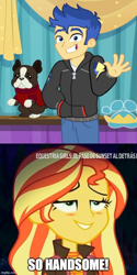 Size: 500x998 | Tagged: safe, edit, edited screencap, imported from derpibooru, screencap, banana (dog), banana (g4), flash sentry, sunset shimmer, ditto, equestria girls, equestria girls series, ahegao, caption, female, flashimmer, image macro, imgflip, looking up, male, open mouth, pokémon, shipping, shipping domino, straight, text, tongue out