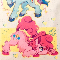 Size: 1024x1024 | Tagged: safe, artist:mefluiwave, imported from derpibooru, pinkie pie, rainbow dash, butterfly, earth pony, pony, :p, belly fluff, cute, diapinkes, face down ass up, female, heart, leg fluff, mare, marker drawing, profile, solo focus, tongue out, traditional art, unshorn fetlocks