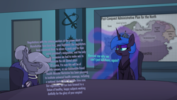 Size: 3840x2160 | Tagged: safe, artist:moonatik, imported from derpibooru, nightmare moon, oc, oc:selenite, alicorn, bat pony, pony, equestria at war mod, 4k, alternate timeline, banner, bat pony oc, chair, clothes, dialogue, door, equestria, eyeshadow, female, high res, jewelry, makeup, map, mare, military uniform, missing accessory, new lunar millennium, nightmare takeover timeline, simpsons did it, sitting, tapestry, tiara, uniform