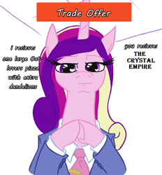 Size: 788x849 | Tagged: safe, artist:jargon scott, edit, imported from derpibooru, princess cadance, alicorn, semi-anthro, clothes, food, meme, necktie, peetzer, pizza, solo, suit, text, that pony sure does love pizza, trade offer