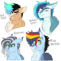 Size: 3000x3000 | Tagged: safe, artist:gingygin, imported from derpibooru, oc, oc:fast track, oc:monochrome, oc:northern winds, oc:prime spectacle, oc:prime spectle, pegasus, pony, bust, chest fluff, half-siblings, high res, offspring, parent:quibble pants, parent:rainbow dash, parent:soarin', parents:quibbledash, parents:soarindash, siblings