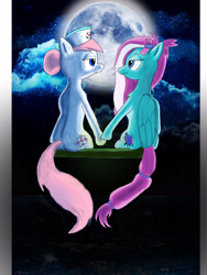 Size: 3024x4032 | Tagged: safe, imported from derpibooru, kerfuffle, nurse redheart, earth pony, pegasus, bedroom eyes, cloud, couple, digital art, female, happy, hoof hold, lesbian, moon, procreate app, romantic, soft color, soft shading