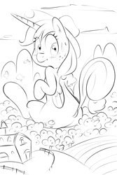 Size: 1000x1500 | Tagged: safe, artist:khorme, imported from derpibooru, applejack, alicorn, pony, alicornified, applecorn, cowboy hat, dock, female, giant pony, giantess, growth, hat, looking back, macro, mare, monochrome, race swap, sitting, stetson, sweat, sweatdrops, sweet apple acres