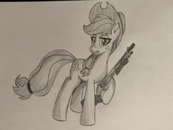 Size: 4032x3024 | Tagged: safe, artist:artevi, imported from derpibooru, applejack, earth pony, pony, gun, hat, shotgun, traditional art, weapon