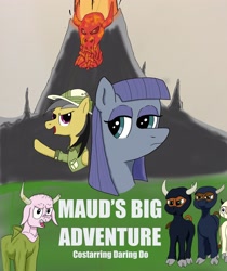 Size: 2988x3551 | Tagged: safe, imported from derpibooru, daring do, maud pie, cow, earth pony, pegasus, comedy, cover art, cthulhu mythos, cultist, field, hat, high res, humor, mountain, ninja, statue, text, title, volcano